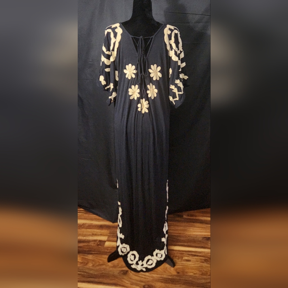RARE Free People Black Maxi Dress with Cream Floral Embroidery - Picture 10 of 14